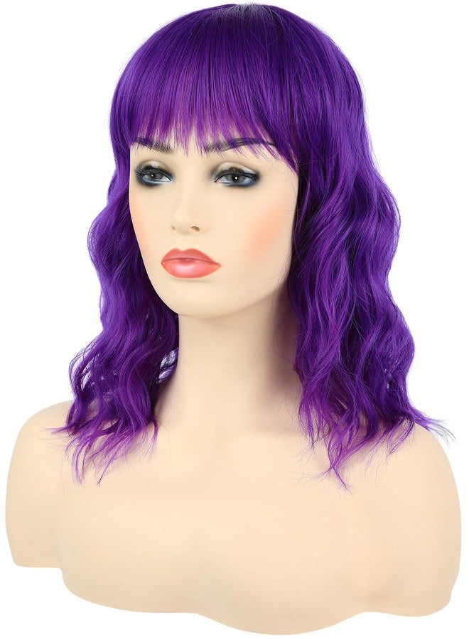 morvally Short Wavy Wig with Bangs for Women 16 Inches Natural Synthetic Hair Bob Wigs (Dark Purple) - Image 2